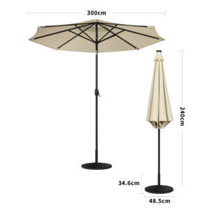 Beige 3m Patio Garden Parasol Sun Umbrella Sunshade Canopy With Solar LED Lights