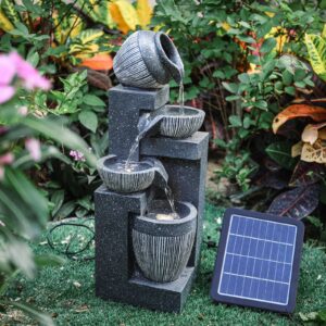 4-Tier Cascade Bowls Pots LED Water Fountain Garden Waterfall with Pump Solar Power