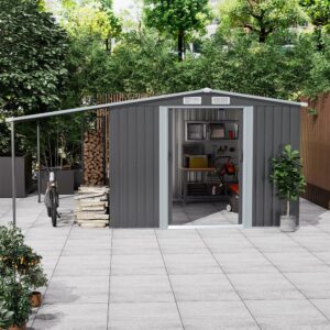 8ft W Grey Outdoor Metal Storage Shed with Lean-to