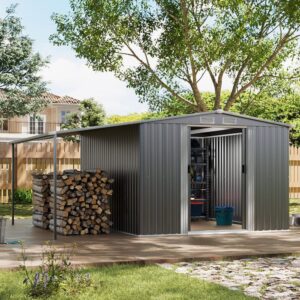 8ft W Grey Outdoor Metal Storage Shed with Lean-to