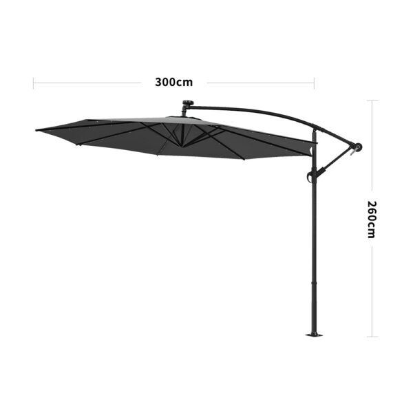 Dark Grey 3m Iron Banana Umbrella Cantilever Garden Parasols with LED Lights