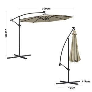 Beige/Light Grey/Dark Grey 3m Iron Banana Umbrella Cantilever Garden Parasols with LED Lights