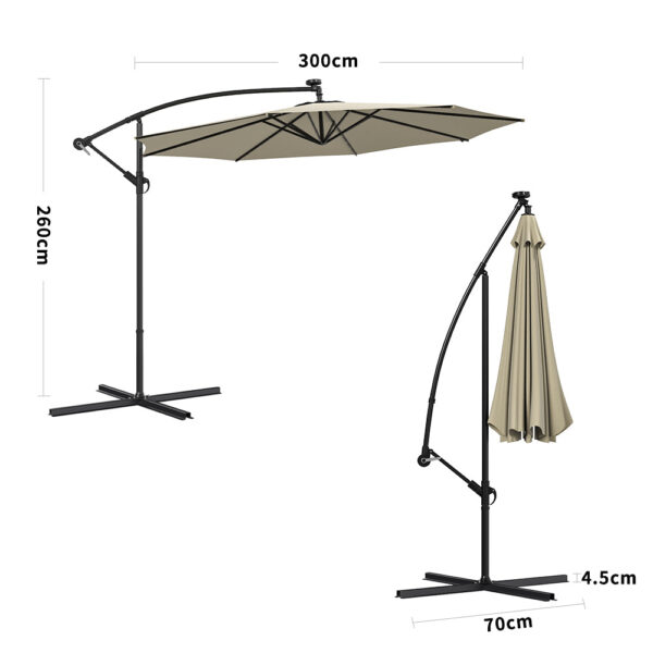 Beige/Light Grey/Dark Grey 3m Iron Banana Umbrella Cantilever Garden Parasols with LED Lights