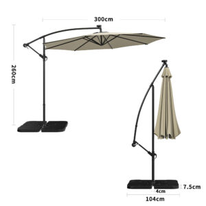 Beige/Light Grey/Dark Grey 3m Iron Banana Umbrella Cantilever Garden Parasols with LED Lights