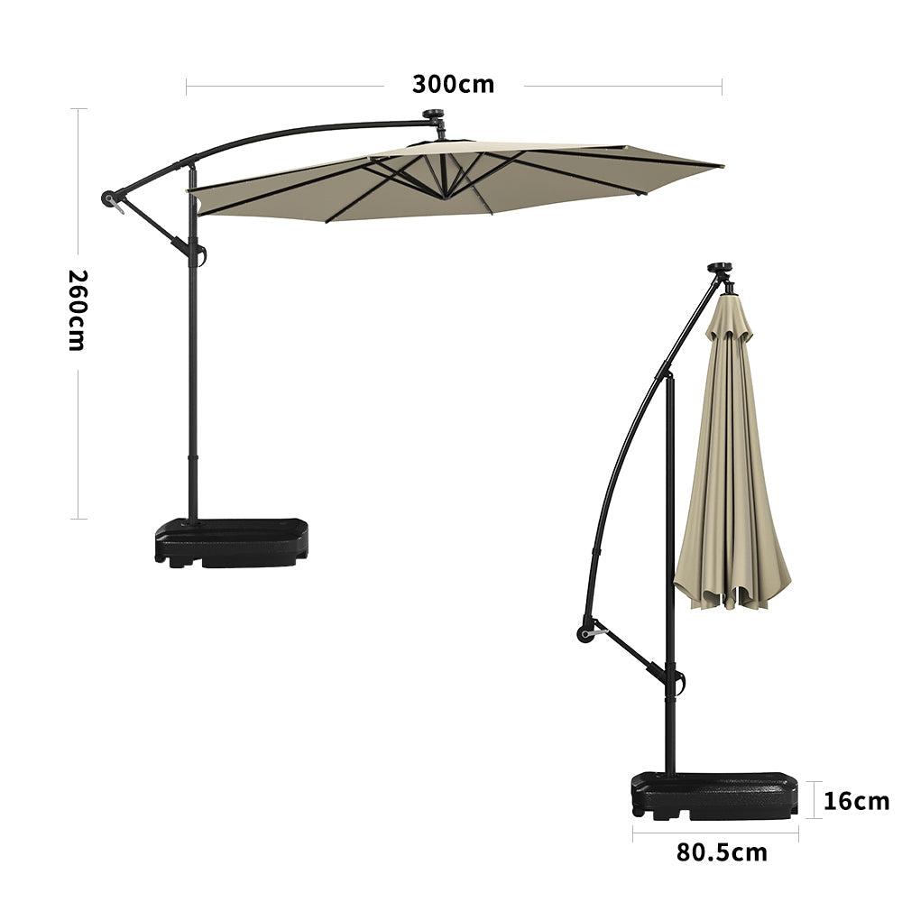 Beige/Light Grey/Dark Grey 3m Iron Banana Umbrella Cantilever Garden Parasols with LED Lights