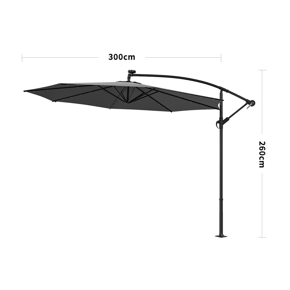 Beige/Light Grey/Dark Grey 3m Iron Banana Umbrella Cantilever Garden Parasols with LED Lights