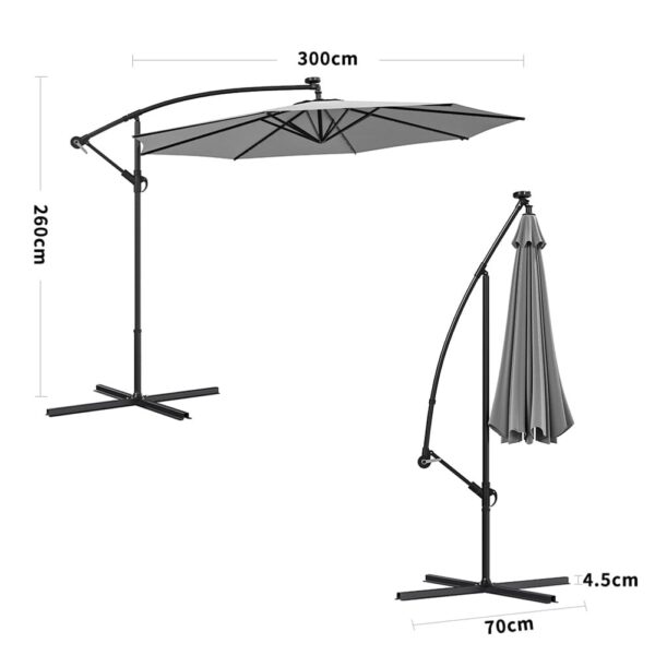 Beige/Light Grey/Dark Grey 3m Iron Banana Umbrella Cantilever Garden Parasols with LED Lights