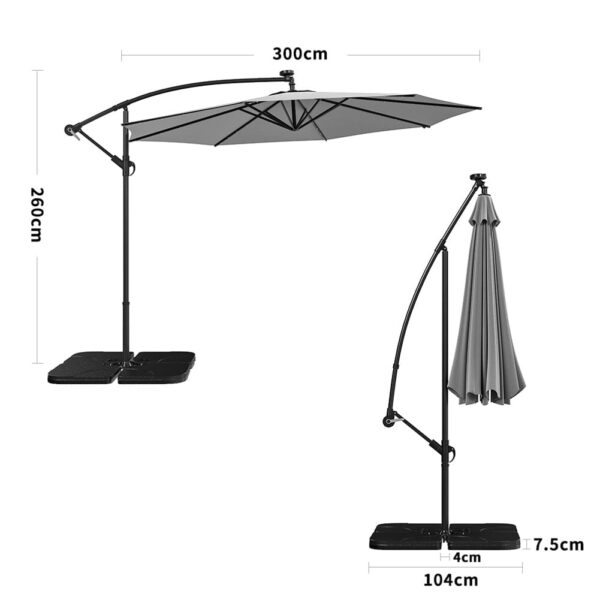 Beige/Light Grey/Dark Grey 3m Iron Banana Umbrella Cantilever Garden Parasols with LED Lights