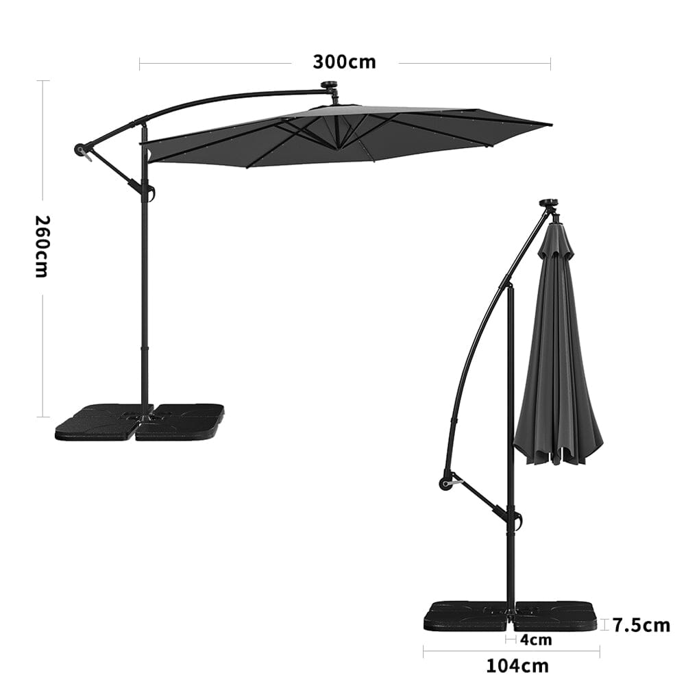 Beige/Light Grey/Dark Grey 3m Iron Banana Umbrella Cantilever Garden Parasols with LED Lights