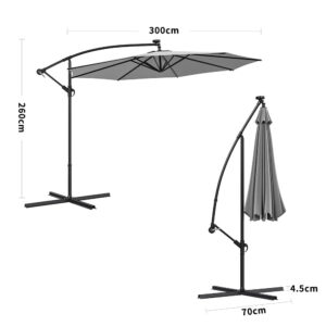 Light Grey 3m Iron Banana Umbrella Cantilever Garden Parasols with LED Lights